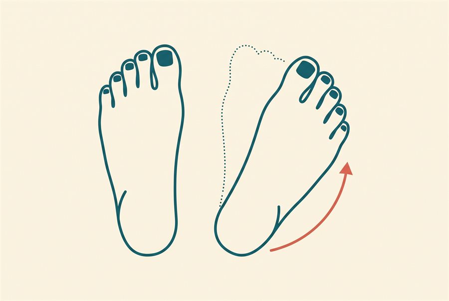 Diagram of two feet seen from above: the left points straight ahead while the right is rotated outward, with a dotted outline showing where it would sit if it matched
