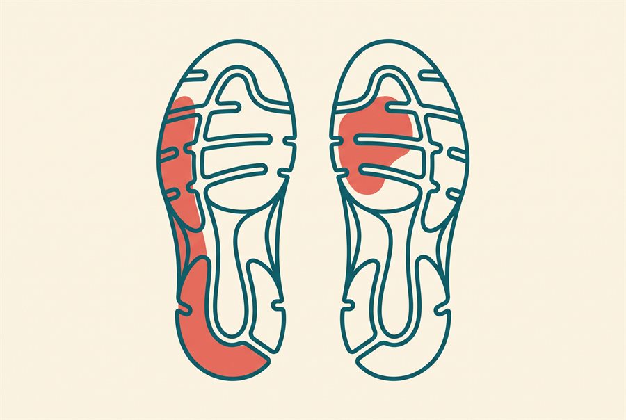 Diagram of two shoe soles side by side, each worn in a different place — one along the outer edge and heel, the other under the ball of the foot